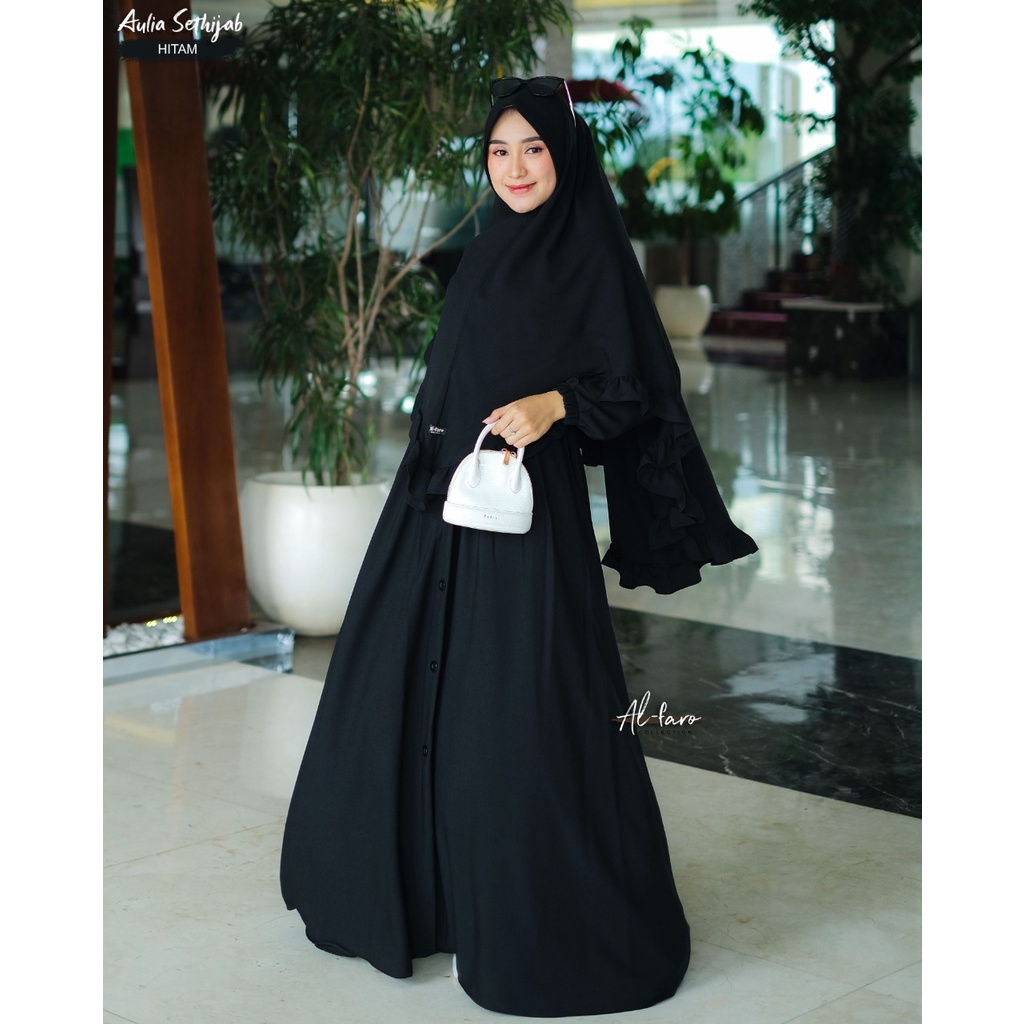 Gamis AULIA Original By Alfaro branded set khimar Itycrepe Premium Kancing TERBARU al faro-BLACK