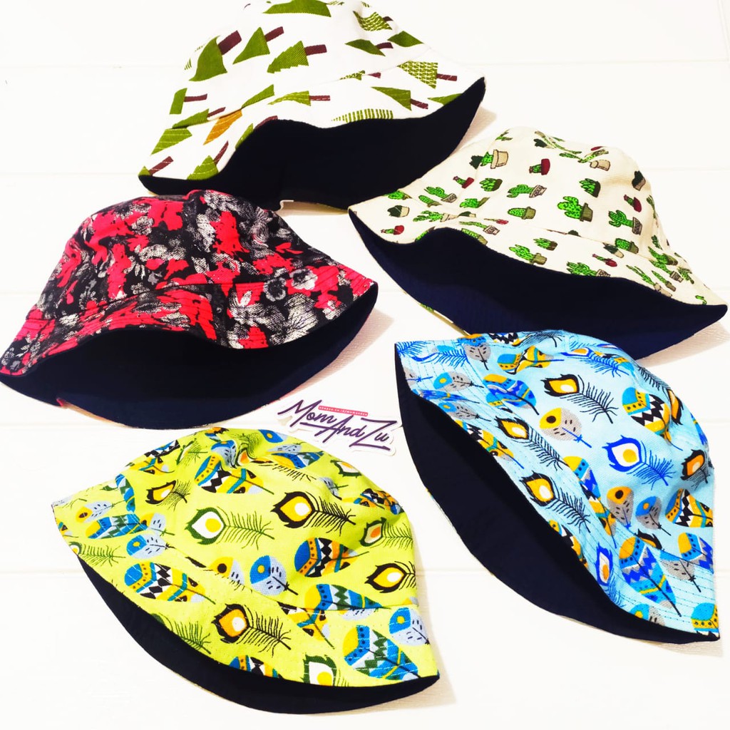 Topi Bucket Bulu Merak Biru Hijau Bunga Cemara Kaktus Motif Korea Topi Mancing Pantai Bucket Hat