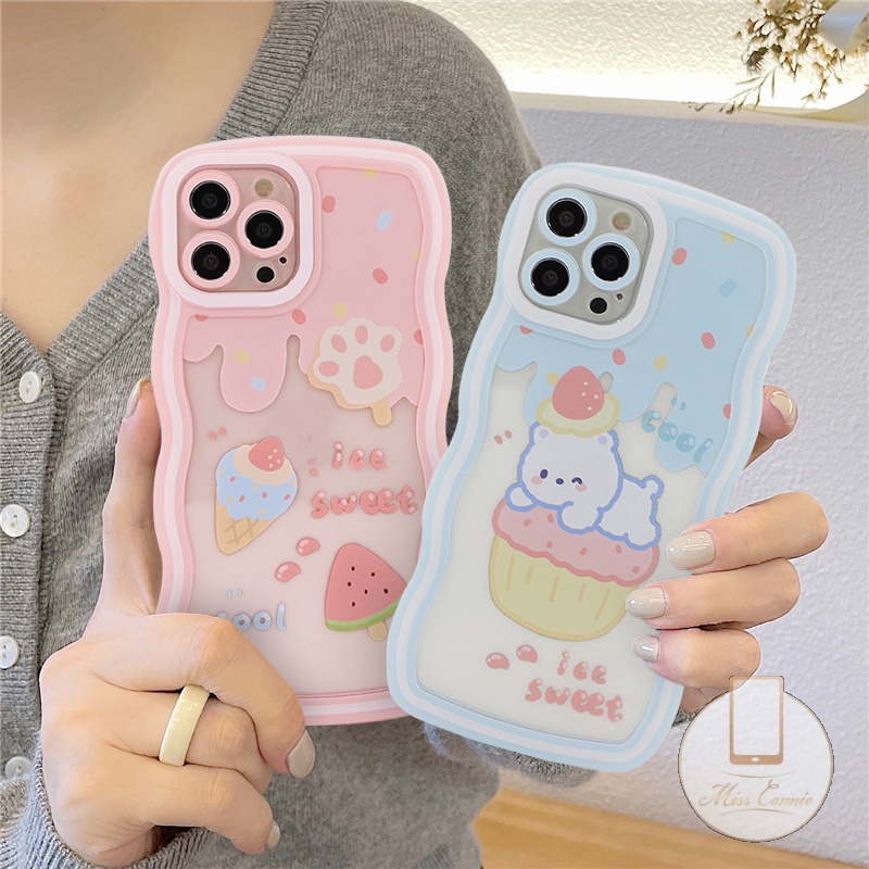 Case Es Krim Musim Panas Redmi9 12C 10 9T 9A 10A A1 A1+10C 9C NFC Redmi Note10 Note 11 Pro+Note9 8 Note 10s 11s 10 Pro Max Plus Strawberry Bear Wavy Edge Casing TPU Lembut Tahan Guncangan