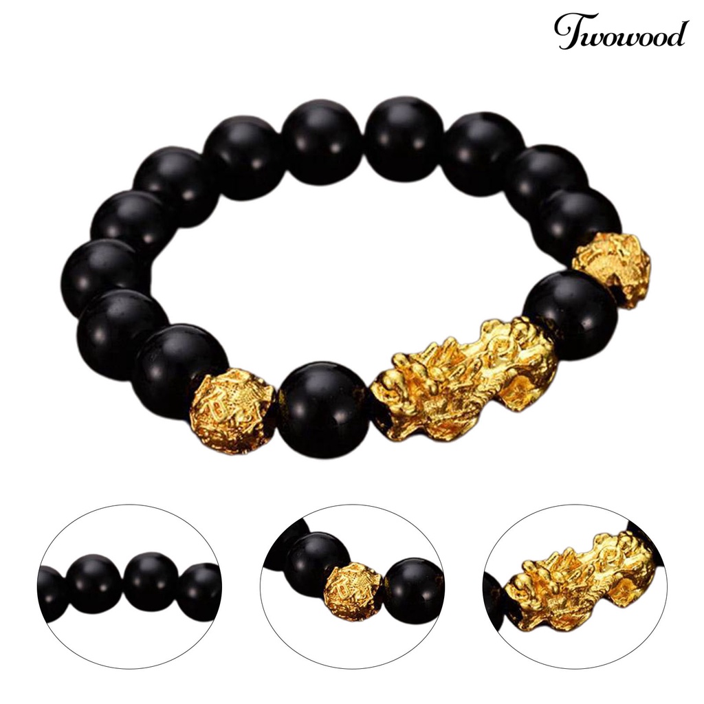 Twowood Smooth Simple Unisex Bracelet Gift Faux Obsidian Beads Brave Troops Lucky Bracelet for Daily Wear