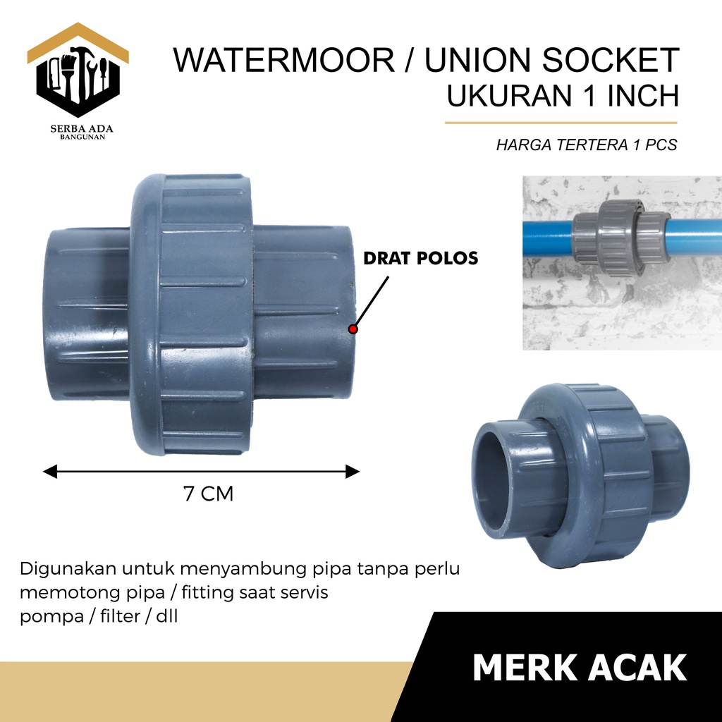 WATERMUR WATERMOOR POLOS PVC 1 - 1/2 - 3/4 INCH  WATER UNION SOCKET SAMBUNGAN DRAT PIPA