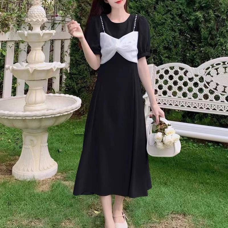 [littlecrab] Dress Pita Putih Biru Langit Hitam Long Dress With Pearl And Ribbon Simple Elegan Gaun Wanita Panjang Lengan Pendek Berkualitas Korean Style