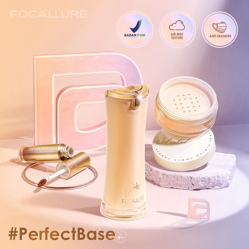 FOCALLURE 3pcs Beauty Set Makeup Set (Poreless Foundation #03 + Oil-control loose powder #02+Air Mist Lip Cream)