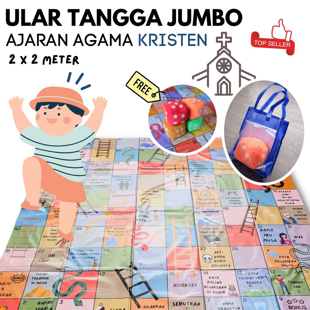 Mainan Karpet Anak Ular Tangga Jumbo Edukasi Ukuran 2 x 2 M Playmat Gratis Dadu Agama Kristen