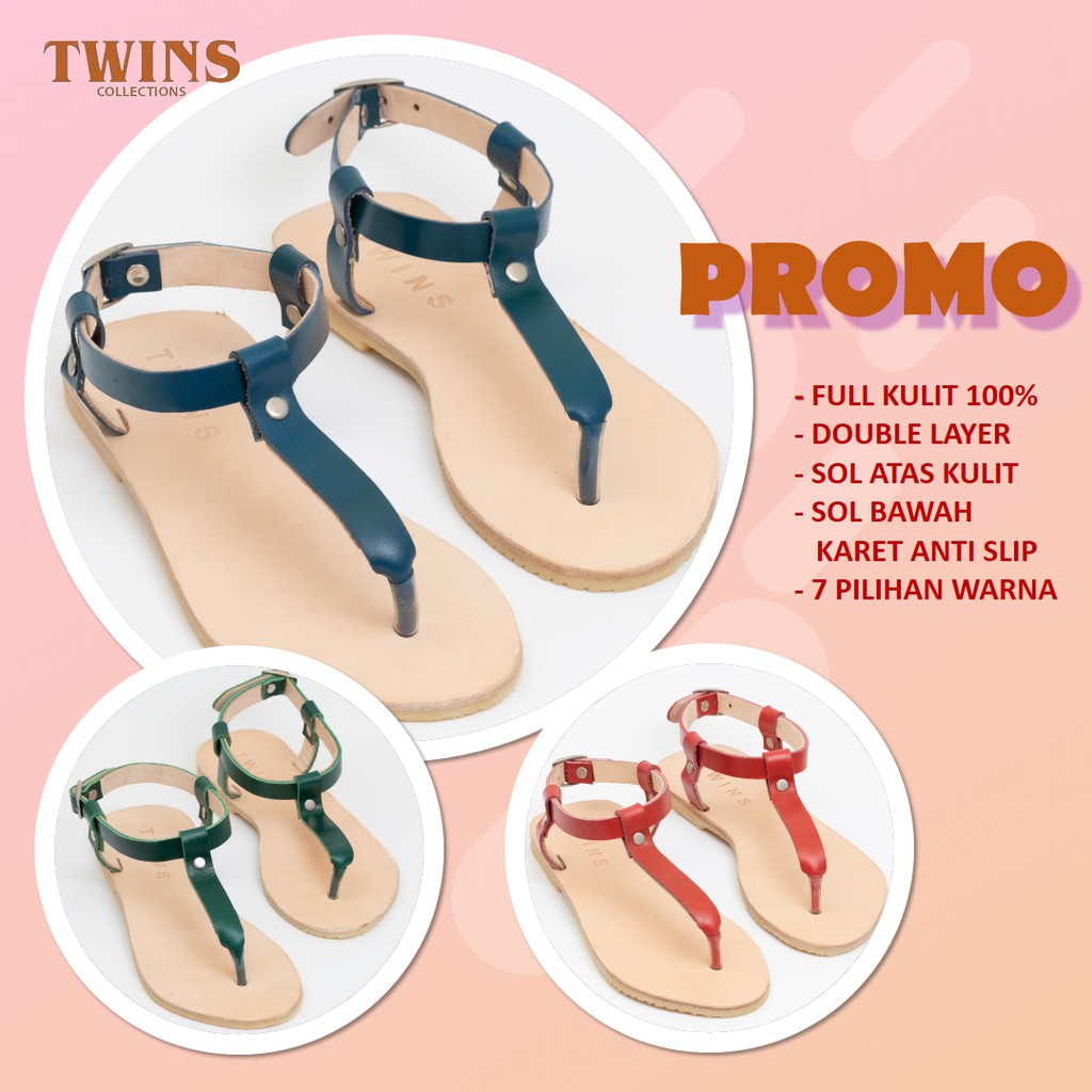 PREMIUM Sandal Kulit Asli Wanita Terbaru 2021, Sendal Kulit Model Sandal Teplek Kulit TWINS TS007
