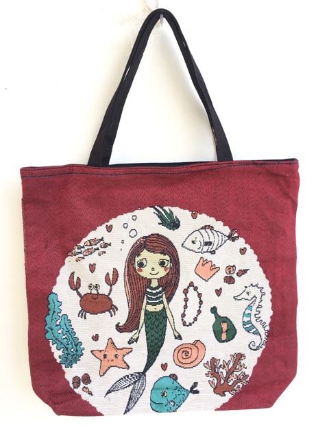 Tas tote bag wanita kanvas mermaid series import