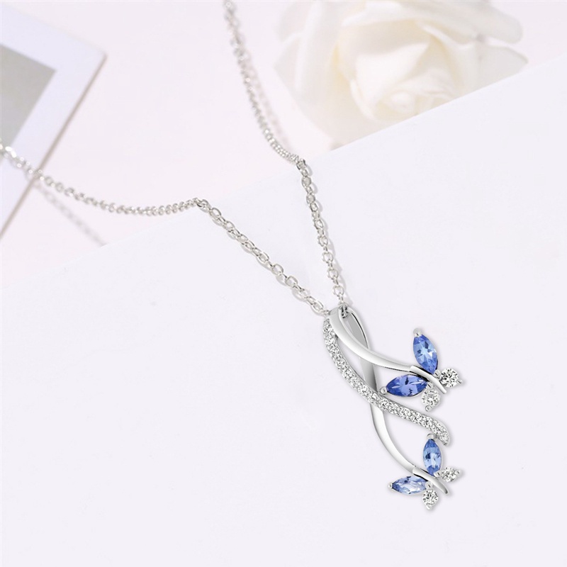 Fancyqube Kalung Rantai Silver 925 Liontin Kupu-Kupu Batu Permata Biru Tanzanite Ukuran 18 Inci