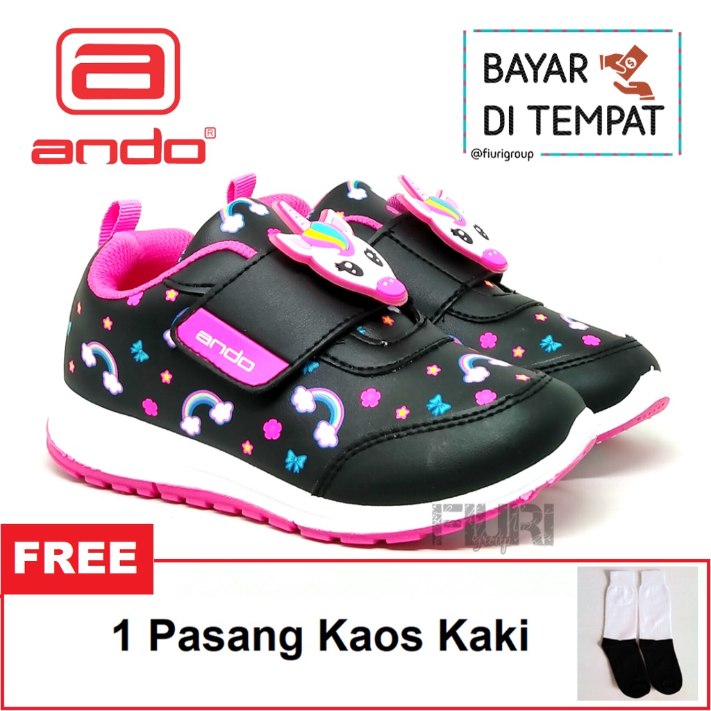 FIURI - ANDO ORIGINAL -  ELINA PEREKAT 29-32 HITAM PINK - SEPATU SNEAKERS KANVAS SOL KARET ANAK KECIL PEREMPUAN  - SEPATU UNICORN KETS LUCU FASHION TRENDY - SEPATU SEKOLAH PAUD TK KRETEKAN PEREKAT CEWEK MURAH PROMO DISKON BONUS KAOS KAKI