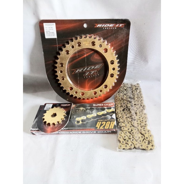 Gear set Honda CRF150 Model SSS dari UK 44 45 46 47 48 49 53 55 gir depan warna gold juga ,rantai Ride it