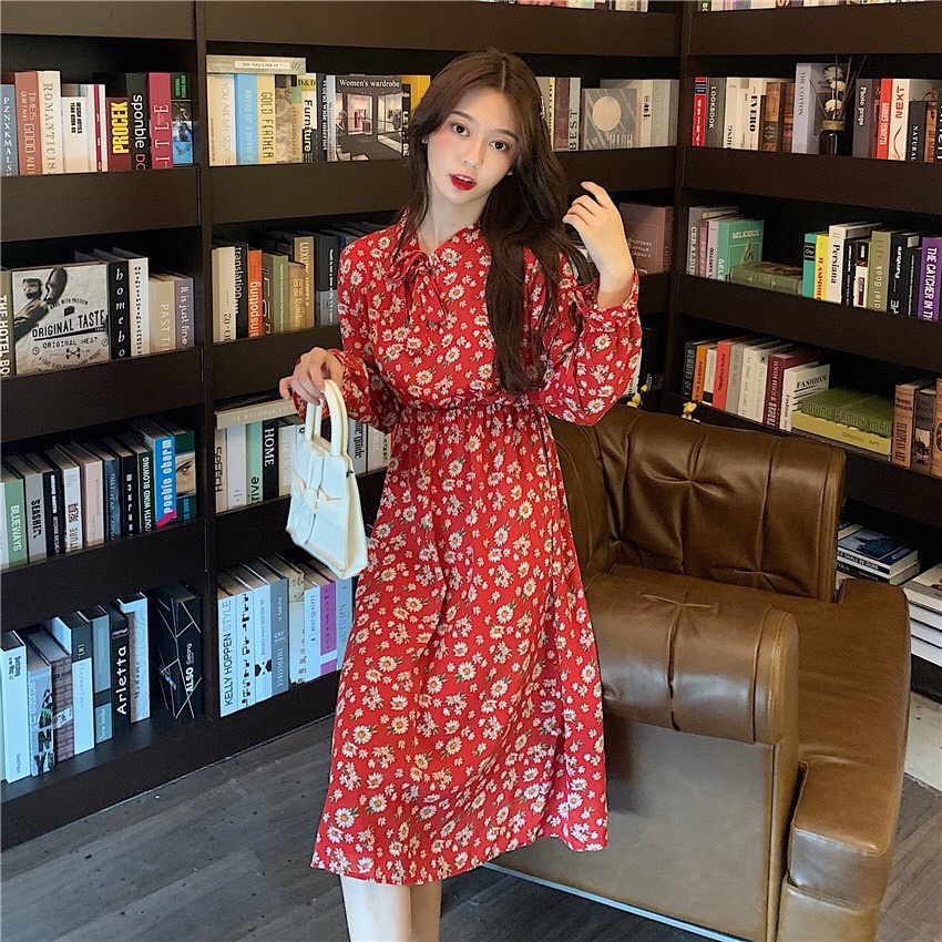 Busana wanita Korea retro longgar casual daisy chiffon dress