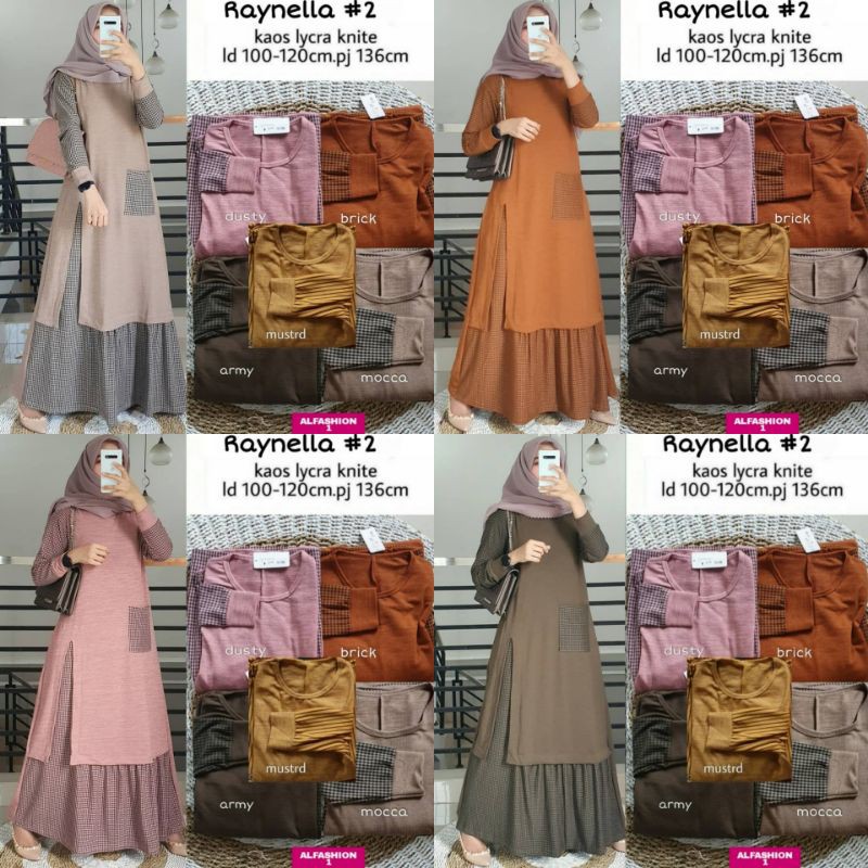 Gamis Wanita Raynella Maxy Kaos Import Polos Kombinasi Salur Kotak Melar Nyaman Dipakai Simpel Bagus