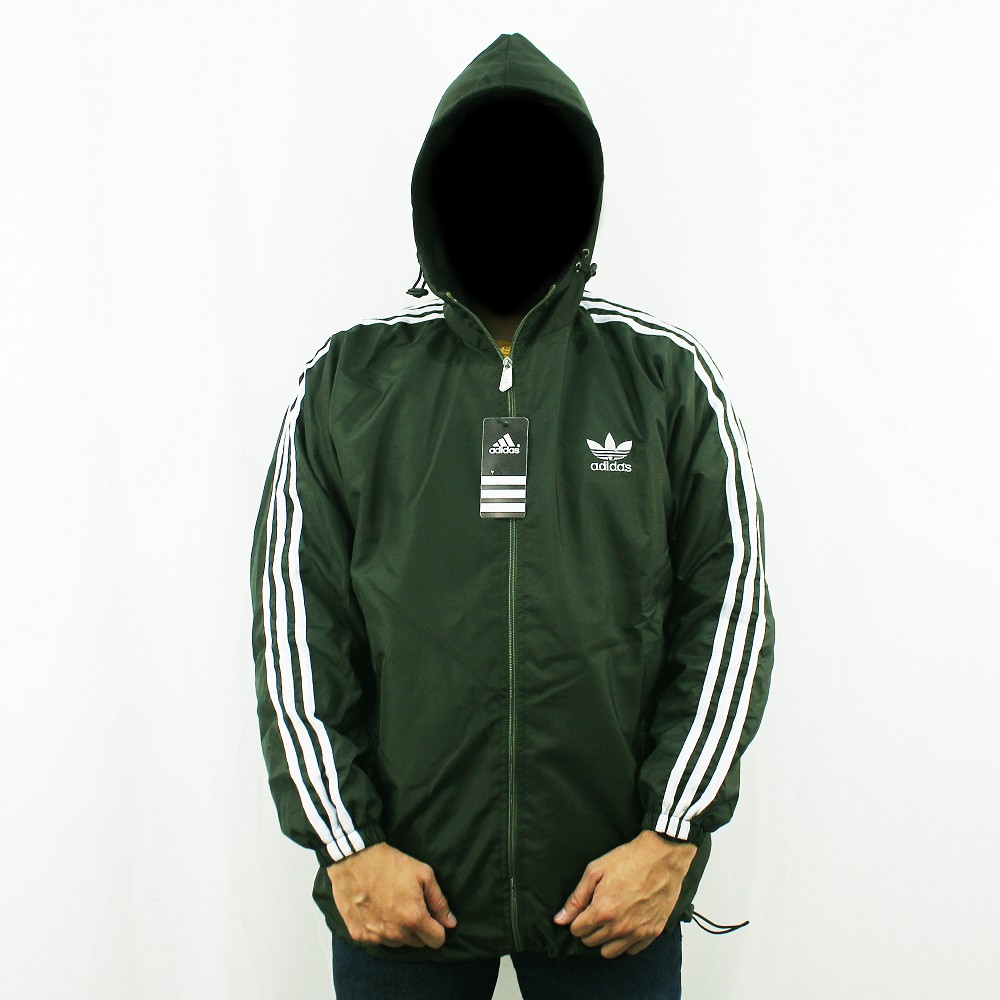 JAKET ADIDAS PARASUT WINDBREAKER HIJAU ARMY  LIST PUTIH  - JAKET PARASUT - JAKET OLAH RAGA XL XXL