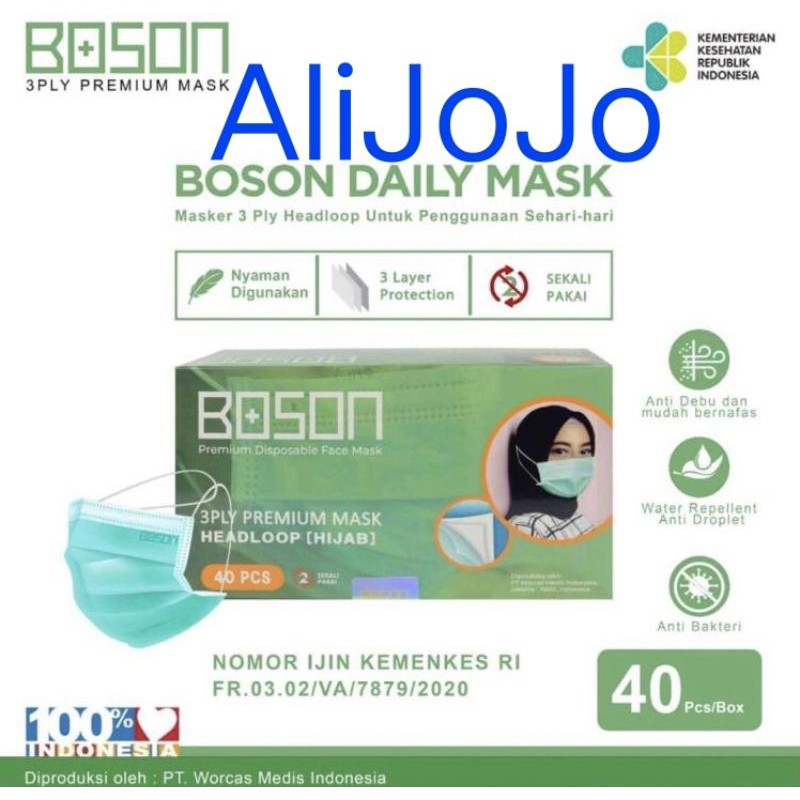 BOSON Masker Hijab Headloop 3 Ply Isi 40 Pcs - Disposable Daily Mask