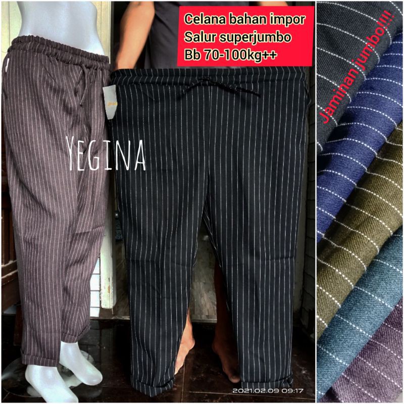 CELANA BAHAN JUMBO &amp; EXTRA JUMBO motif salur garis celana baggy wanita jumbo celana kerja impor