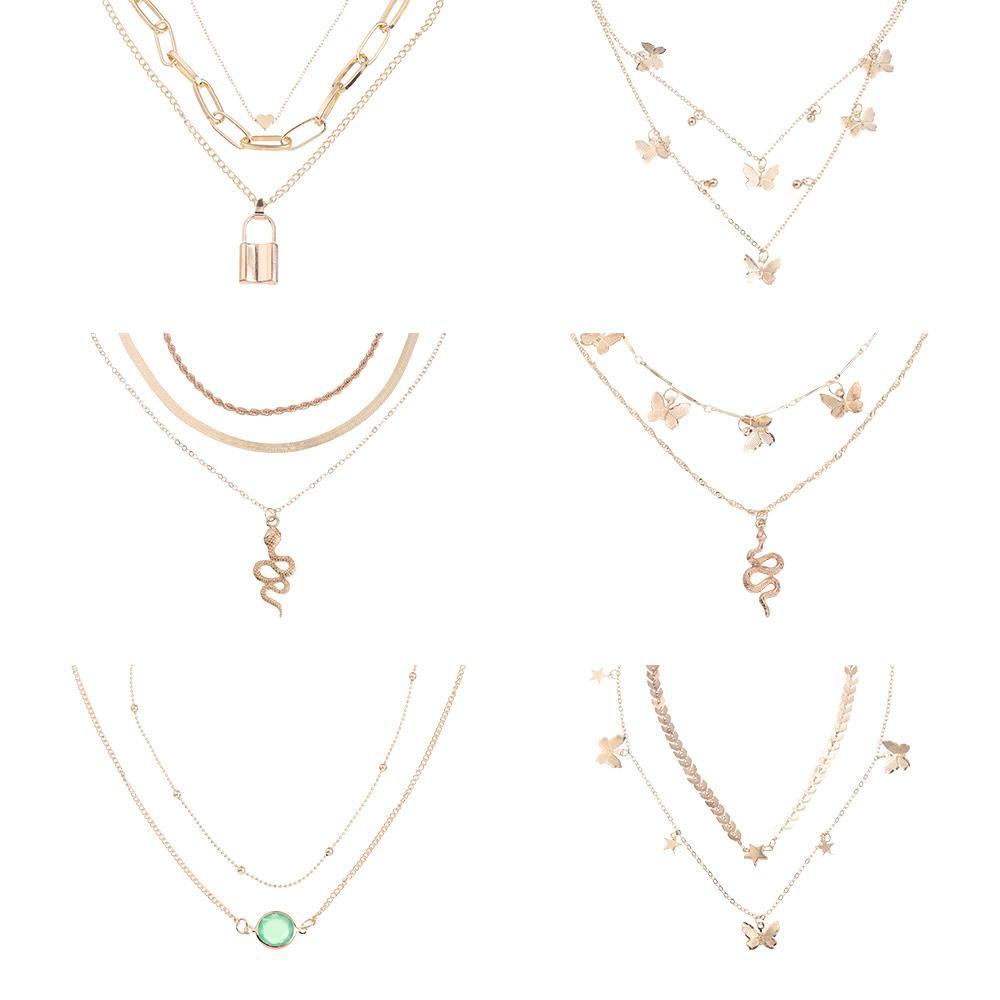 R-flower Multilayer Necklace Trendy Heart Butterfly Rantai Ular