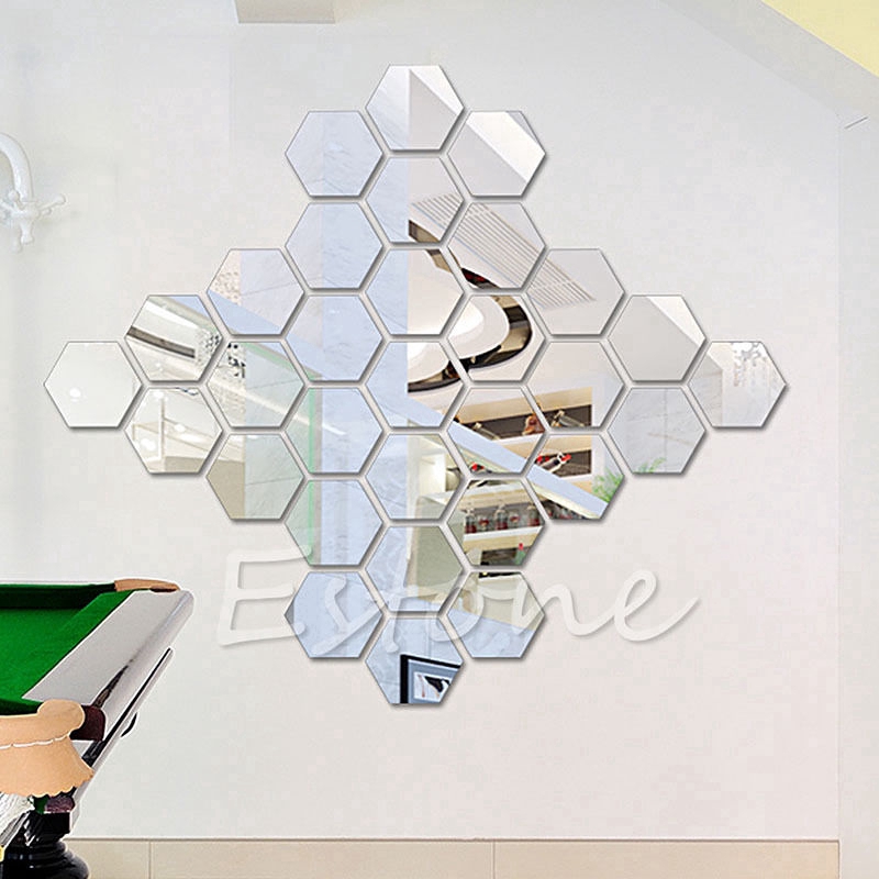12pcs Stiker Dinding 3D Bentuk Hexagon Bahan Vinyl Warna Emas Silver Untuk Dekorasi Ruang Tamu
