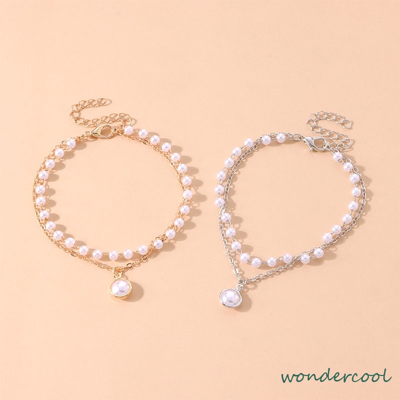 Fashion Korea Wanita Temperamen Manis Gelang Aksesoris Perhiasan Gelang Mutiara Ganda Sederhana-Won