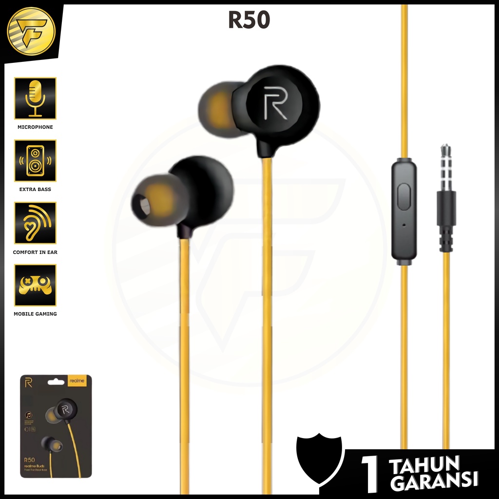 Earphone Realme 50 stereo bass music telfon headset mic