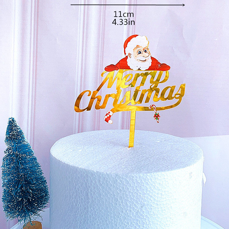 Topper Kue Desain Santa Claus Elk Tree Bahan Akrilik Warna Emas Untuk Dekorasi Natal