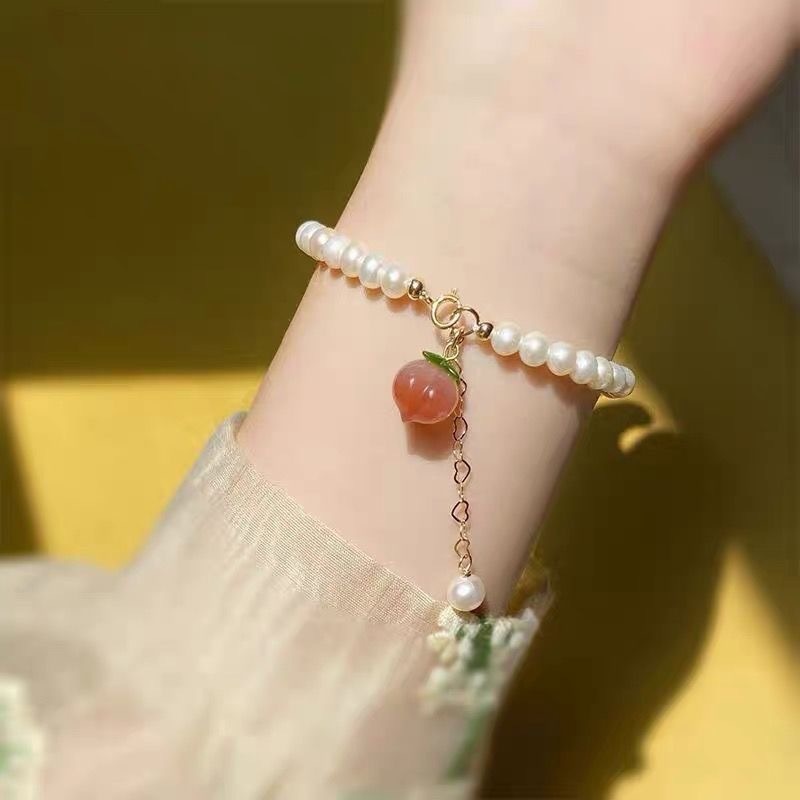 Papaozhu Vintage Berkah Permata Peach Mutiara Manik-Manik Gelang Untuk Wanita Gadis Klasik Kelinci Bulan Keberuntungan Gelang Pergelangan Tangan Rantai Pesta Pernikahan Perhiasan Hadiah