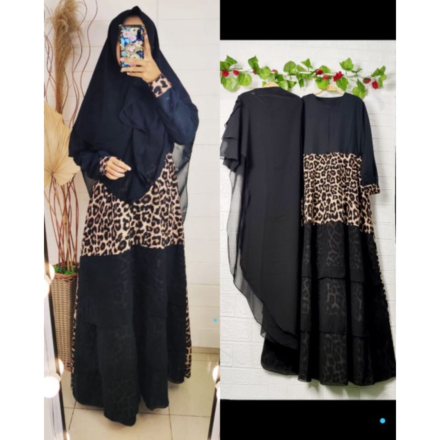 MUSLIMAH ' ONE SET GAMIS + HIJAB SYAR'I 2 LAYER MOTIF LEOPARD'