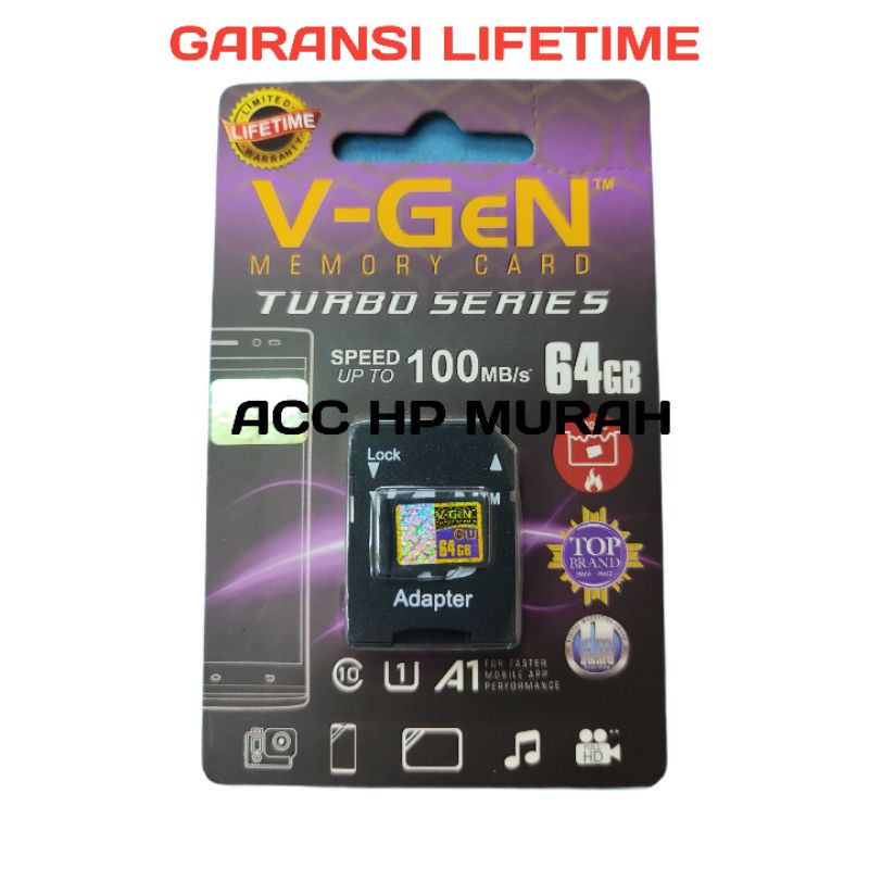 MEMORY CARD V-GEN TURBO SERIES 64GB + ADAPTER SPEED UP TO 100MB/S GARANSI LIFETIME