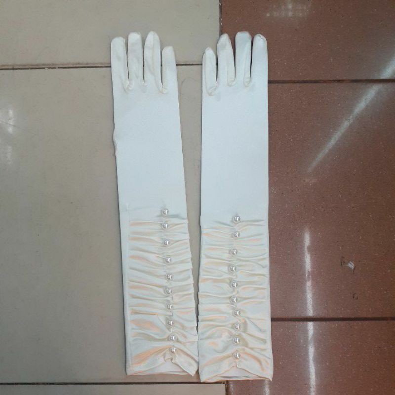 Sarung Tangan Pengatin Satin Kerut Mutiara- Gloves Wedding Panjang