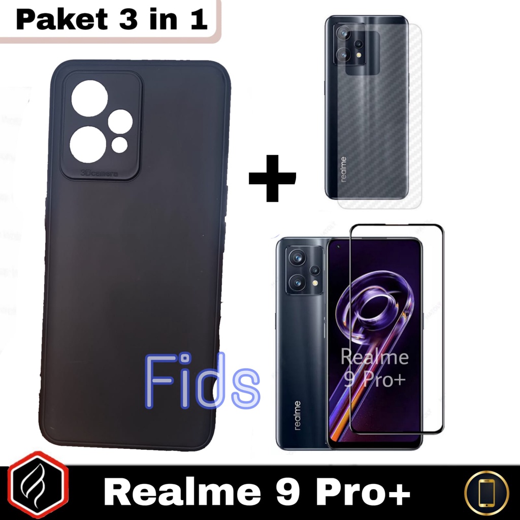 Paket 3 in 1 Case REALME 9 Pro Plus Softcase Black Matte + Tempered Glass Free Garskin Carbon Realme 9 Pro Plus