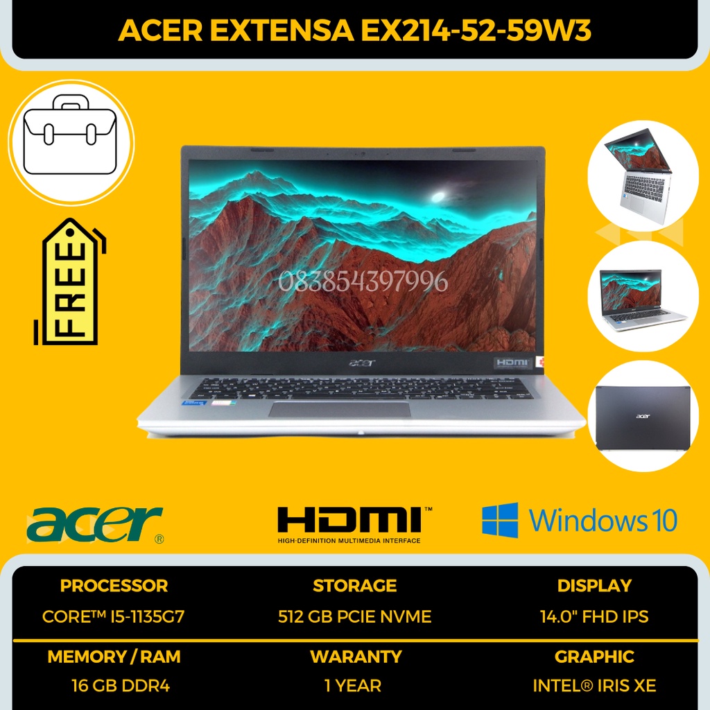 WOW MURAH LAPTOP CORE I5 GEN 11 RAM 16GB SSD 512GB - Acer Extensa EX214 52 59W3 - i5 1135G7 - 16GB - SSD 512GB + BISA TAMBAH HDD - 14 FHD IPS - WINDOWS 10