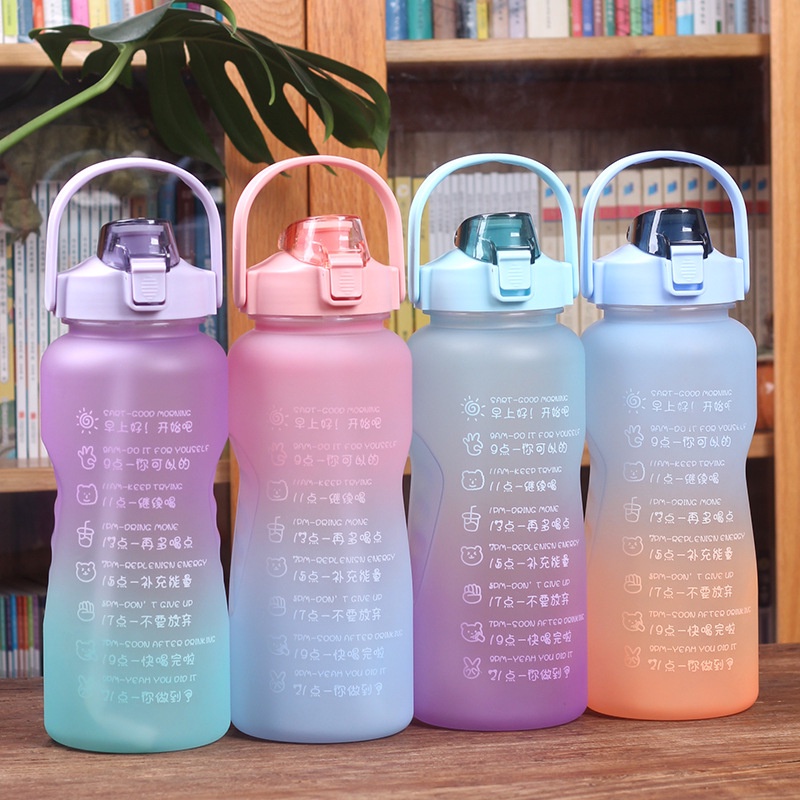 (In Stock) Botol Minum Kapasitas Besar 2000ml Warna Gradasi Dengan Spidol Waktu Untuk Fitness