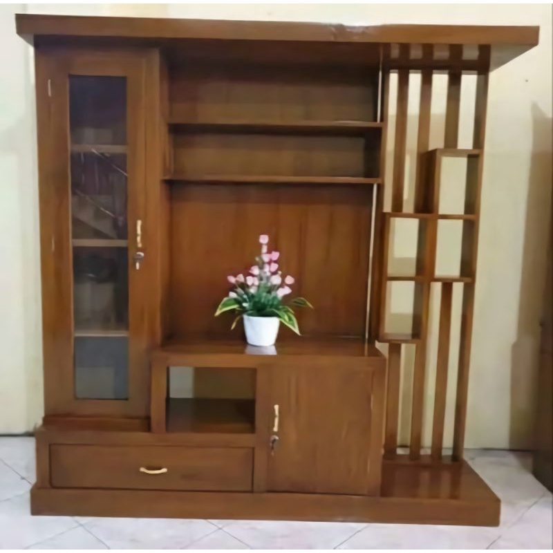 MEJA BUFET TV PARTISI JATI PENYEKAT RUANGAN / LEMARI PARTISI PEMBATAS RUANGAN MODEL MINIMALIS