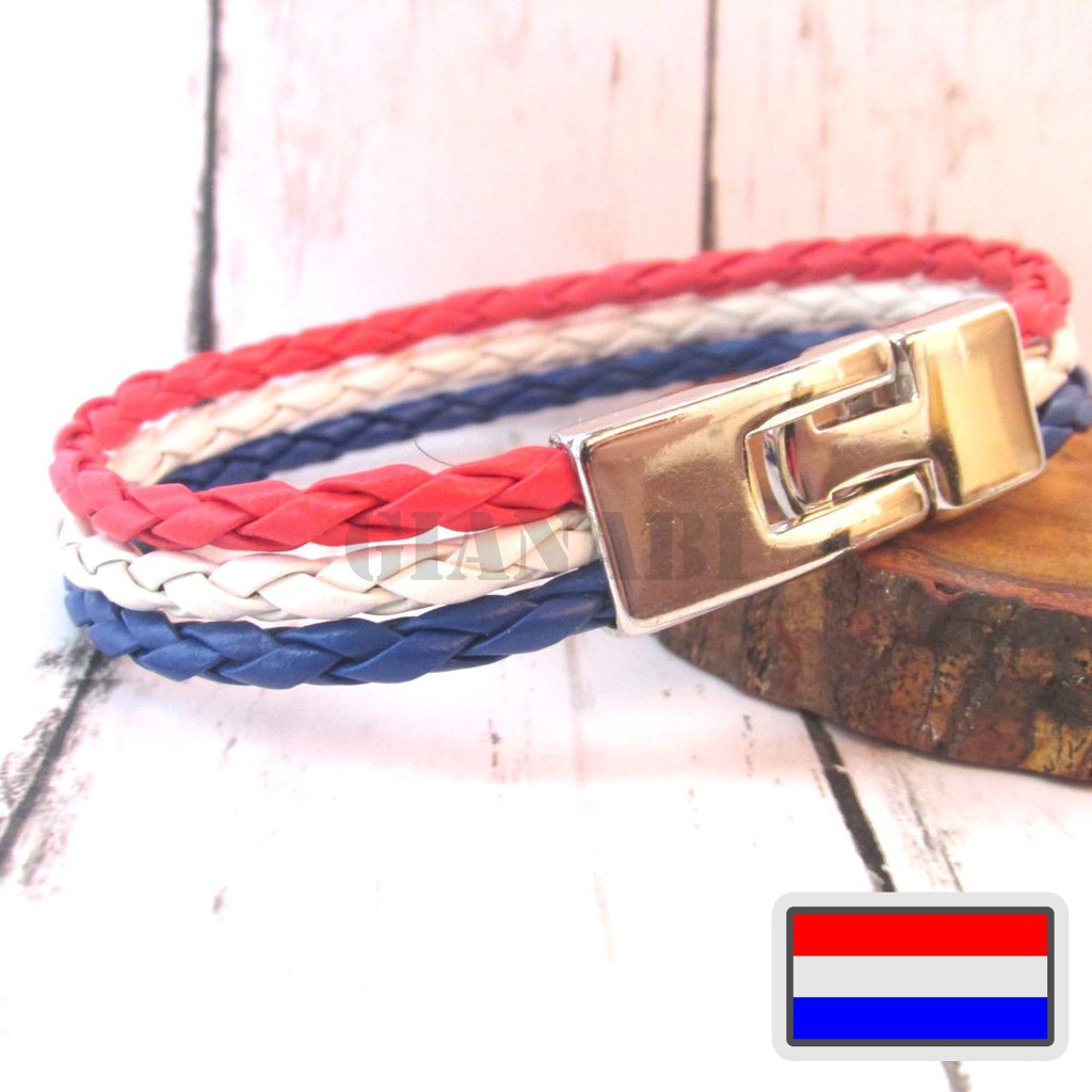 Gelang Tali Merah Putih  Biru Pengait Metal Buckle | Gelang Tangan Pria Wanita | Gelang Kulit PU G03