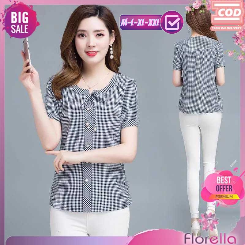 Blouse Atasan Baju Korea korean style Wanita Jumbo / Bluse Kemeja Kotak Cewek Lengan Pendek Adeva
