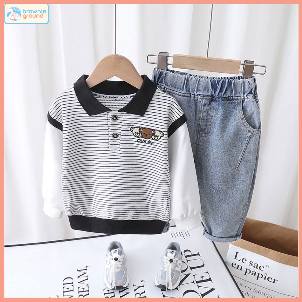 [COD] Setelan anak laki laki 0-5 Tahun  motif 3bear lucu strip Grey baju baby impor premium korea / Brownieground