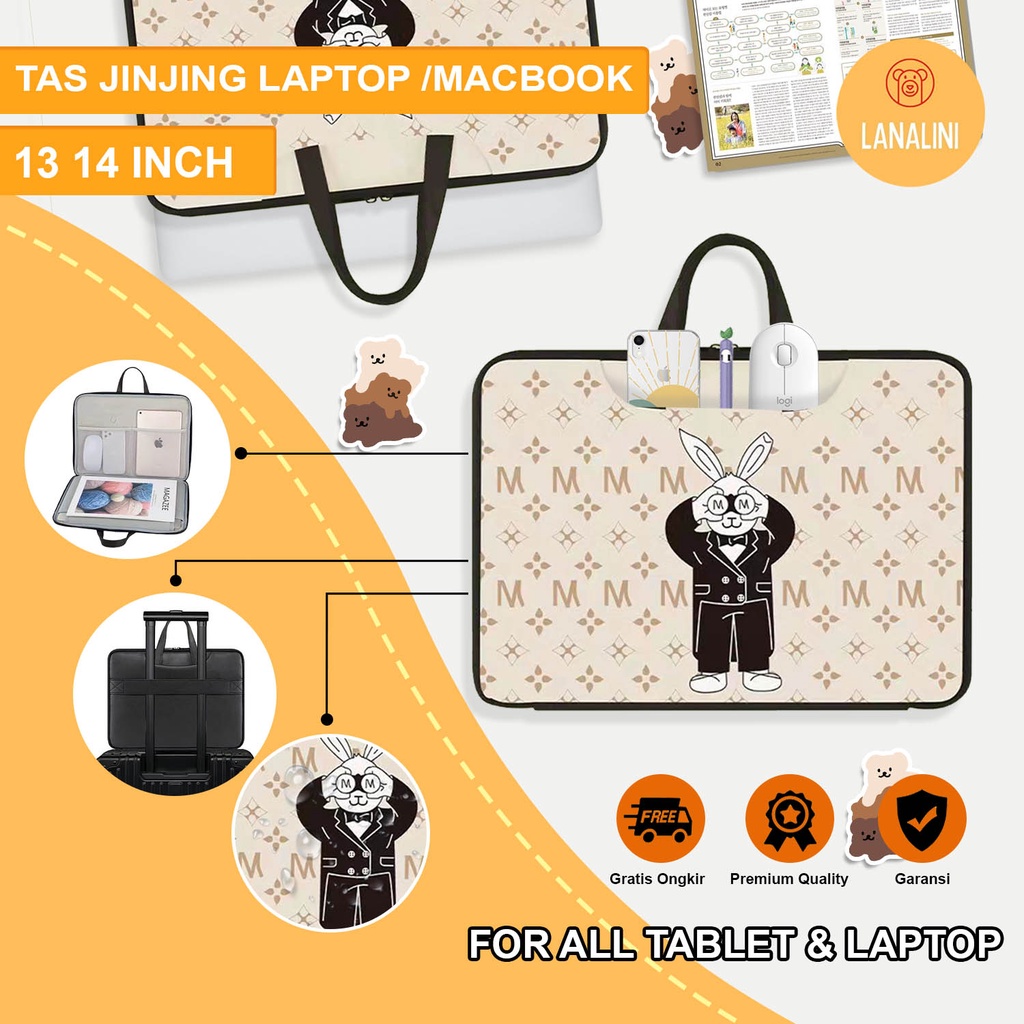 Sleeve Pouch Sarung Tas Bag Case Ipad Tab Tablet Macbook Air Pro Laptop Asus Acer Lenovo HP Huawei 11 12 13 14 15 inch Motif Gambar Kartun Rabbit Bunny Kelinci Warna Hitam Black Cute Murah Korean Model Jinjing Tali Strap Waterproof Tahan Air