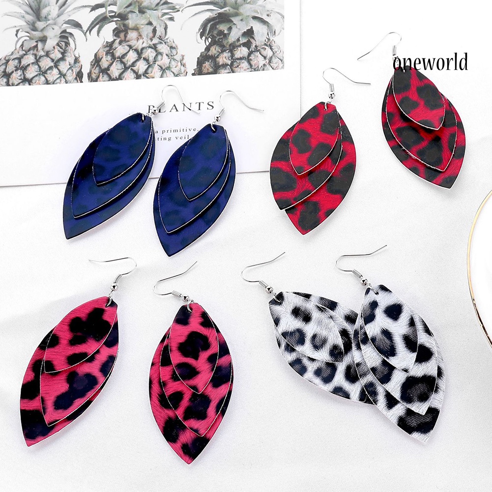 OW@ Women Leopard Triple Layer Leaf Shape Faux Leather Long Dangle Hook Earrings