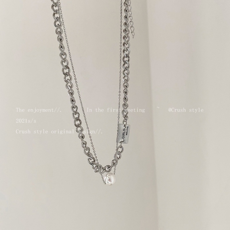 Double layer twin titanium baja pelat persegi Kuba kalung wanita in trendy hip-hop punk kalung singl