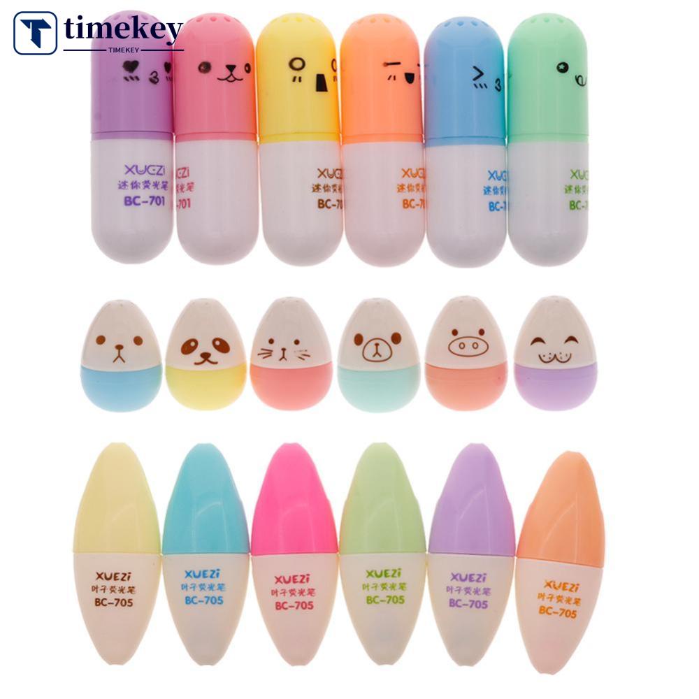 Timekey 6pcs Pen Highlighter Mini Bentuk Pil Motif Smiley Face A2E4