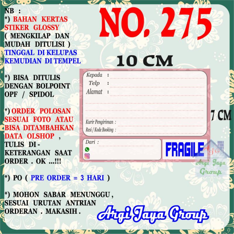 

Stiker Pengiriman - Sticker Alamat Olshop Murah Nomer 275 - 10x7 cm - Glossy