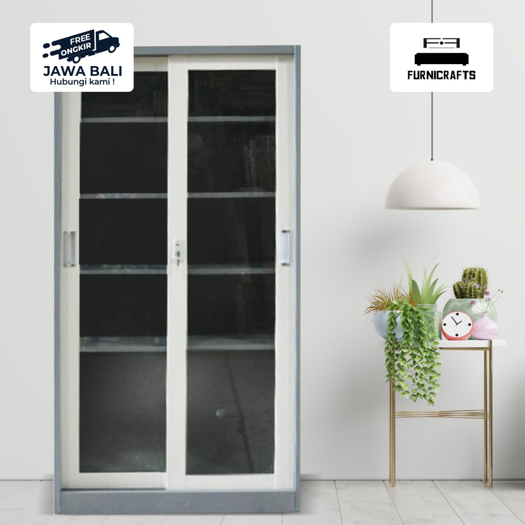 LEMARI ARSIP METAL BESI GESER KACA 2 PINTU KUNCI MINERVA CABINET 19 SL