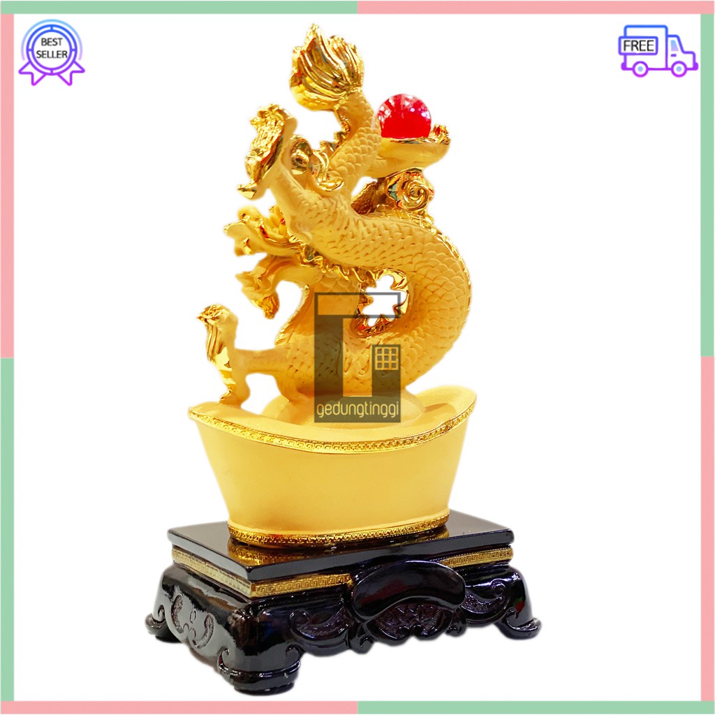 Pajangan Patung Hiasan Imlek Rejeki 12 Shio Naga Yenpao Fengshui Lucky Uang Emas Gold Besar XL Resin