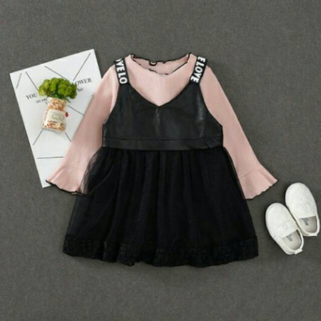 Baju Setelan Anak Perempuan Import Dress Overall Tutu Hitam Kaos Pink