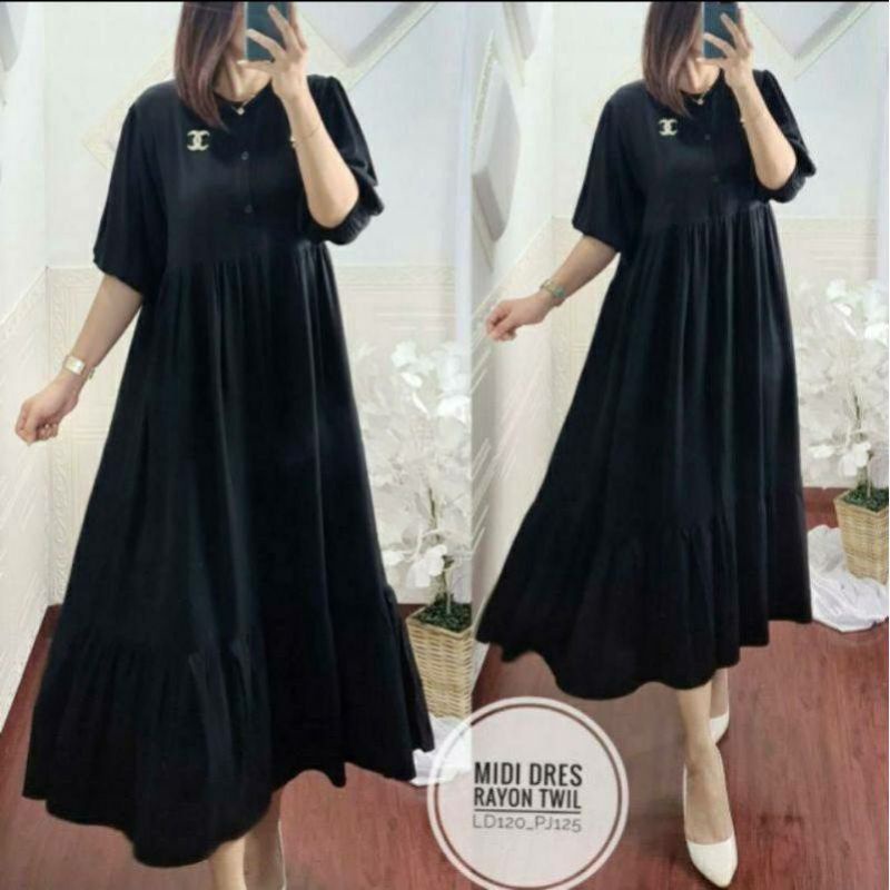 Midi Dress Wanita Terbaru Busui Lengan Pendek Kekinian Viral polos