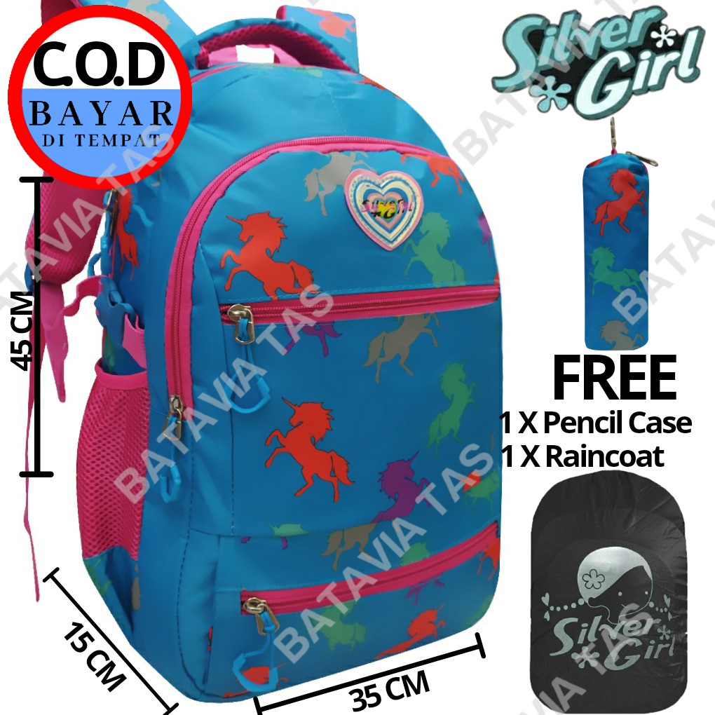 Tas Ransel Anak Sekolah Perempuan SILVER GIRL ORIGINAL UNICORN (Blue) BONUS Jas Hujan + Pencil Case