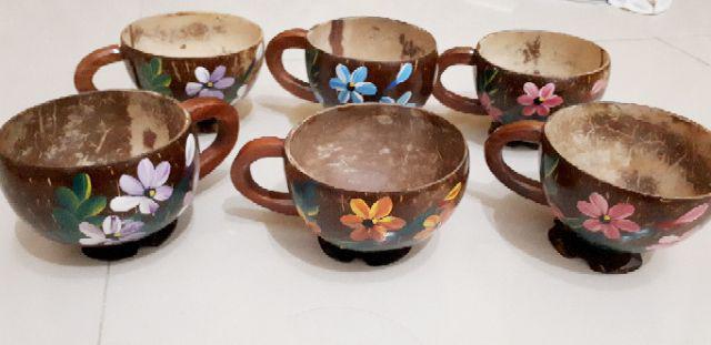 [6pcs] Gelas Cangkir Batok Kelapa - Lukis Bunga