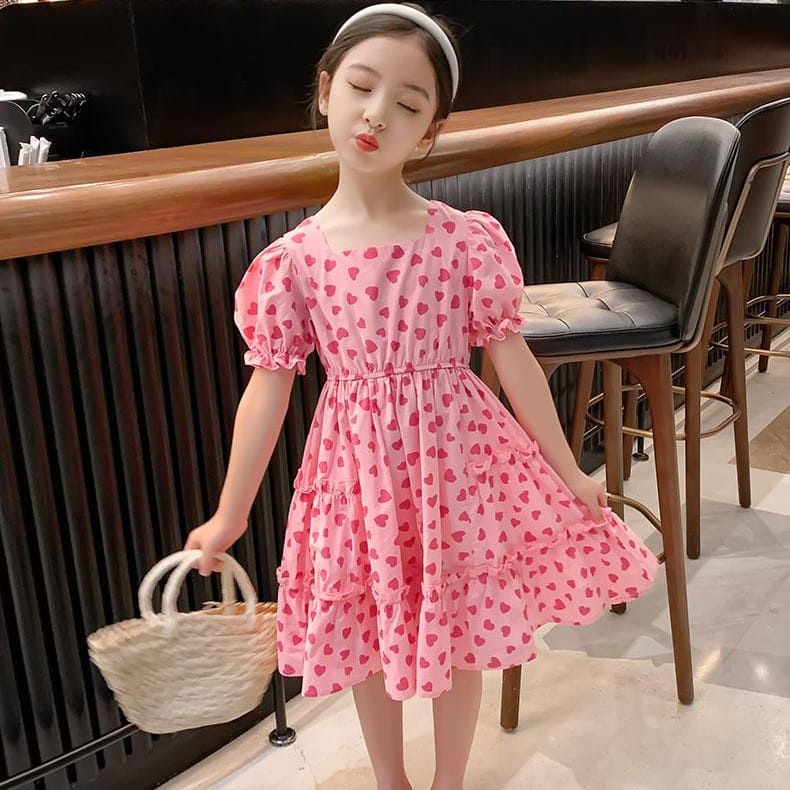 BAJUKIDDIE RIBBON HEART DRESS BAJU CASUAL ANAK CEWEK FASHION KOREA IMPORT KASUAL DAILY SUMMER