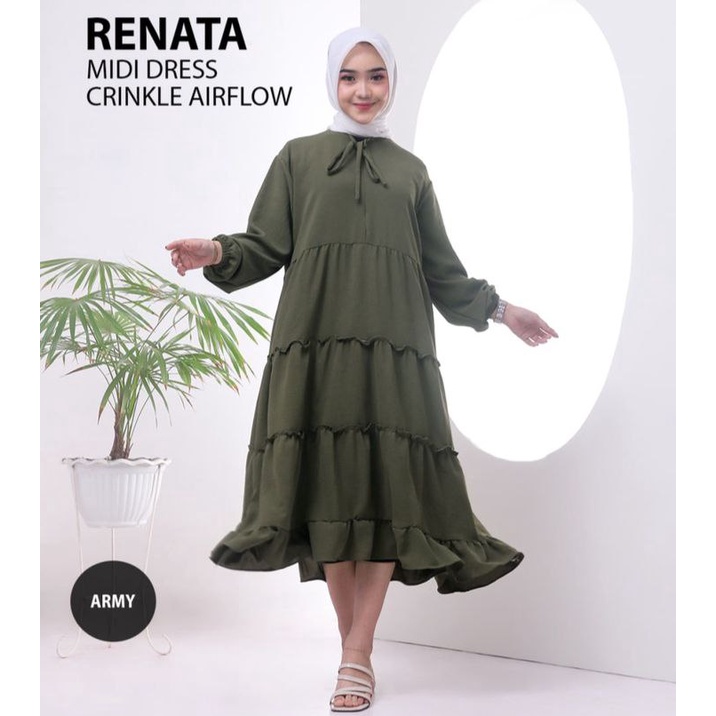 Midi Dress Renata Dress Wanita Crinkle Airflow Premium Baju Wanita Rempel Susun Fashion Wanita Kekinian