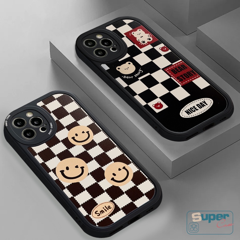 IPHONE Casing Hitam Mewah Kompatibel Untuk Iphone6 6s 78 Plus 11 13 12 14 Pro MAX XR X XS MAX SE 2020kartun Beruang Kotak-Kotak Motif Kotak-Kotak Lucu Smiley Case Anti Jatuh Lembut TPU Cover