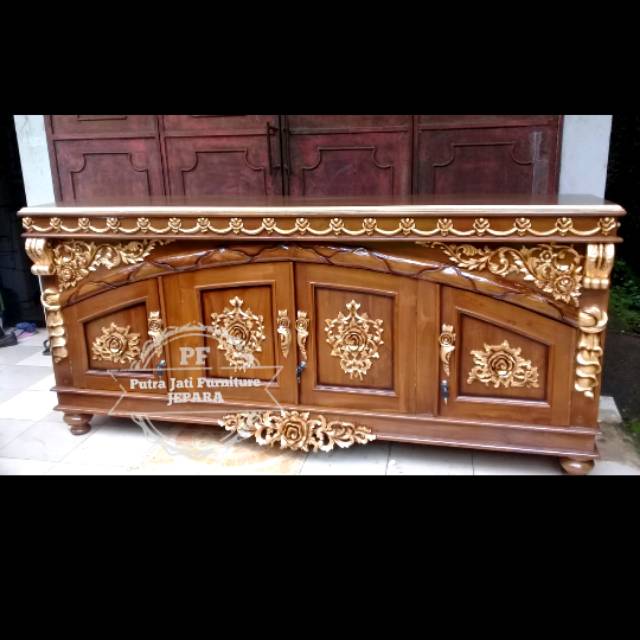 Meja Tv Kayu Jati Ukir - Bufet Ruang Tamu Panjang 200cm Warna Kombinasi Emas
