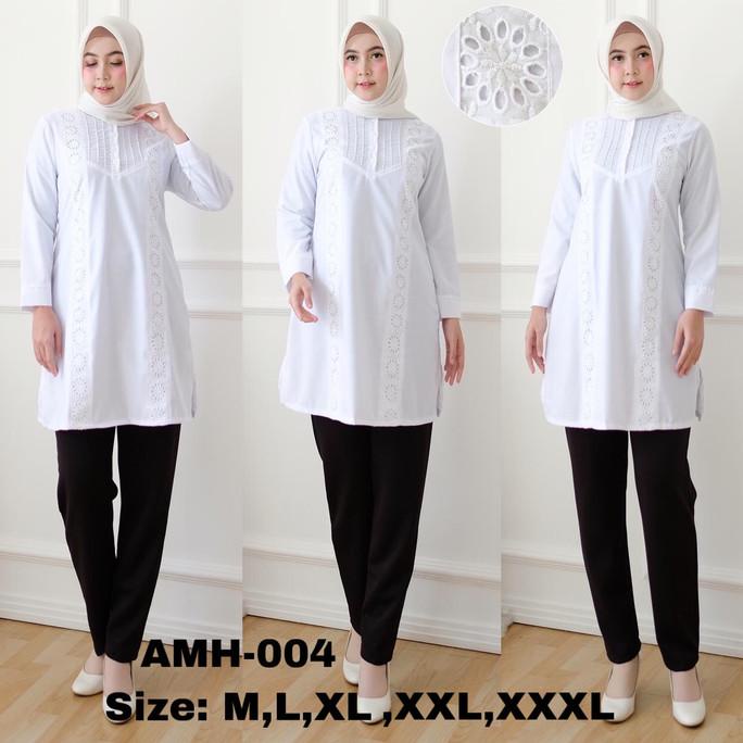 Baju atasan tunik putih wanita muslim kantor kerja